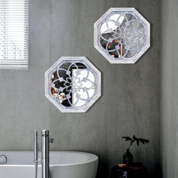 New 2 PCS Octagon Wall Mirrors, Rustic White Decorative Mirror for Home Decor